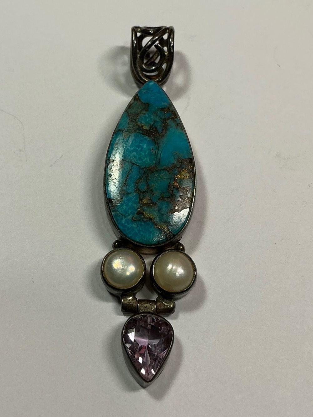 Vintage Sterling Silver Pear Shaped Turquoise & Heart Shape Purple Gem. 2.25”
